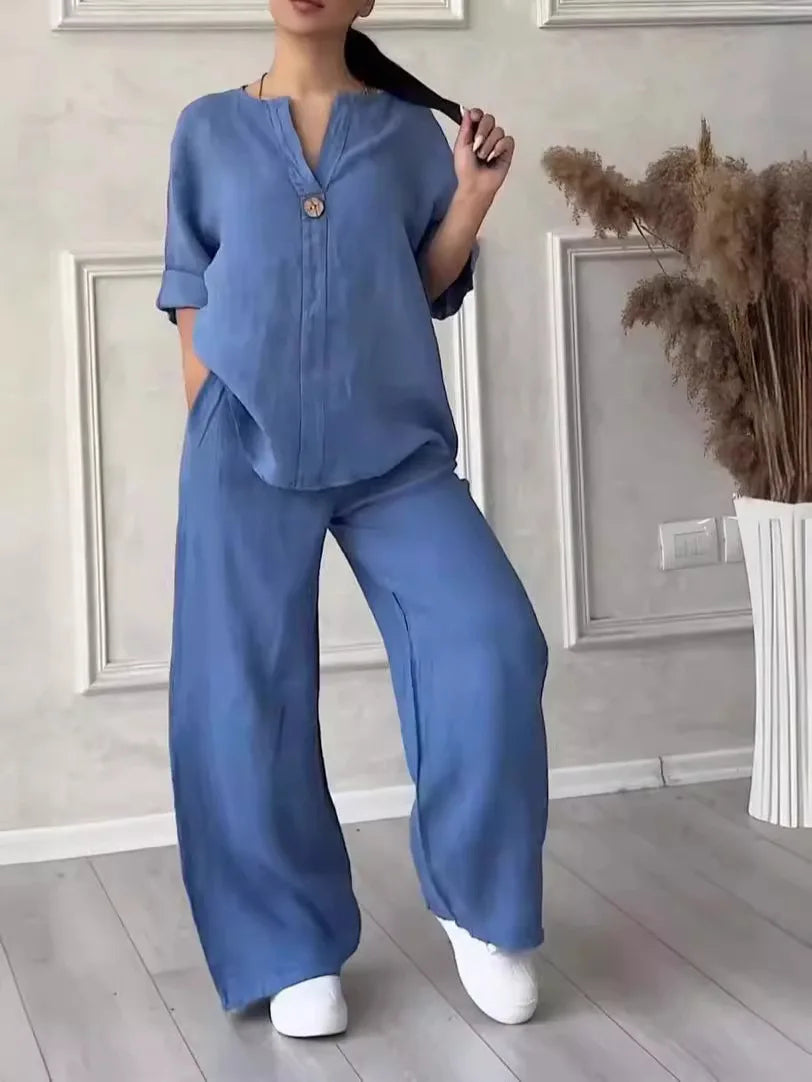 Airy & Stylish Summer Set with Blouse & Wide Trousers made of Linen – Melina-Blue-S-Nora Luxe