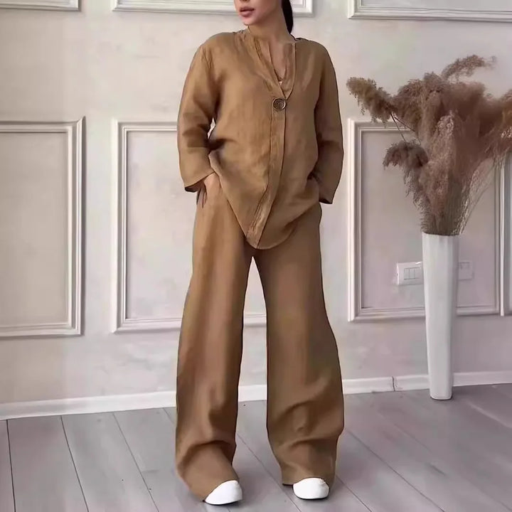 Airy & Stylish Summer Set with Blouse & Wide Trousers made of Linen – Melina-Brown-S-Nora Luxe