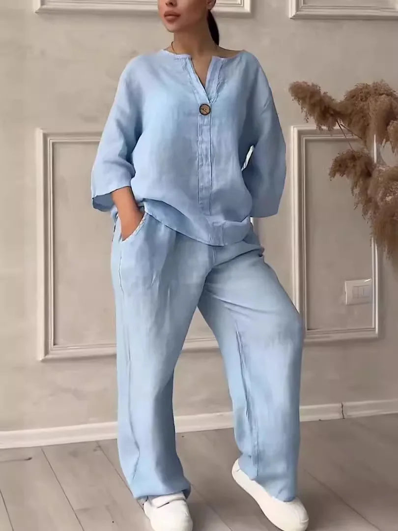 Airy & Stylish Summer Set with Blouse & Wide Trousers made of Linen – Melina-Light blue-S-Nora Luxe