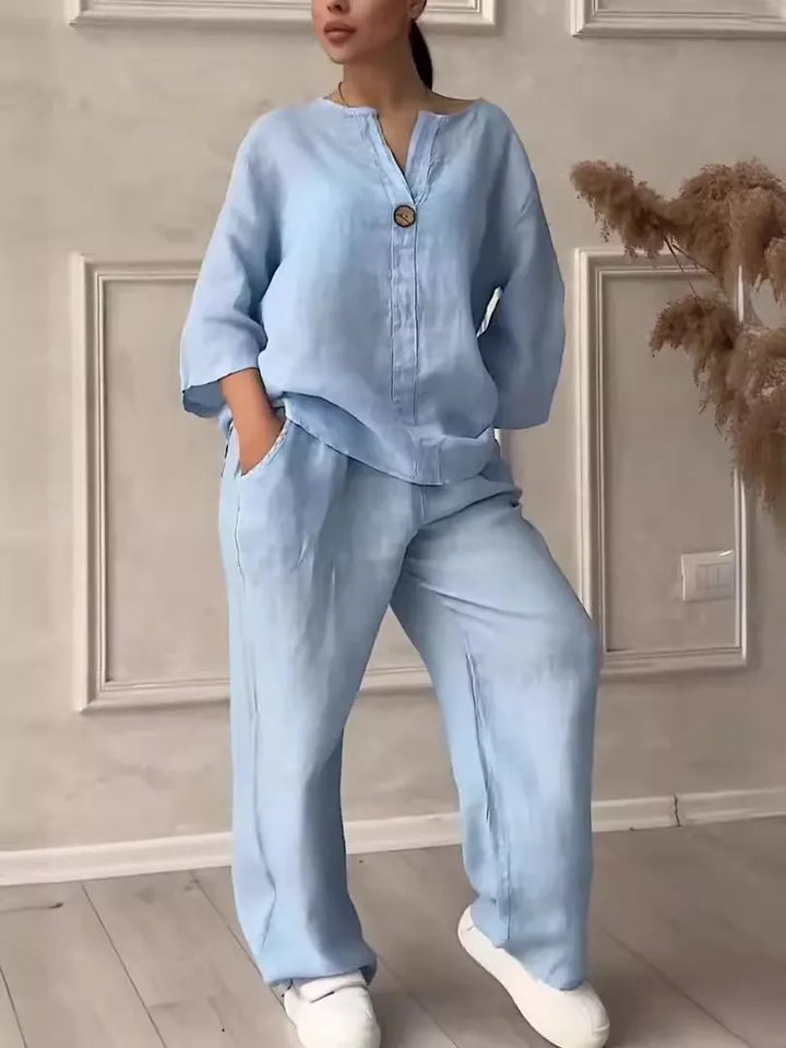 Airy & Stylish Summer Set with Blouse & Wide Trousers made of Linen – Melina-Light blue-S-Nora Luxe