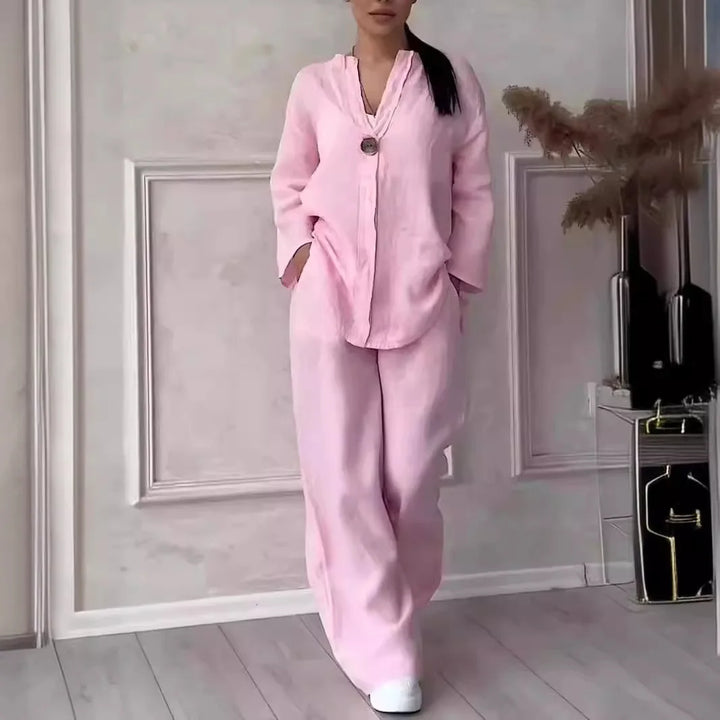 Airy & Stylish Summer Set with Blouse & Wide Trousers made of Linen – Melina-Pink-S-Nora Luxe