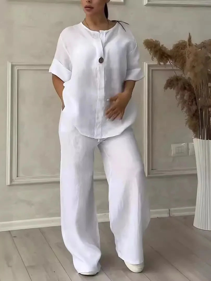 Airy & Stylish Summer Set with Blouse & Wide Trousers made of Linen – Melina-White-S-Nora Luxe