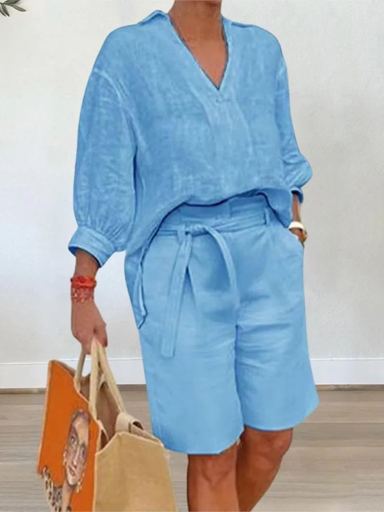 Airy & Stylish Two-Piece Linen Set with Blouse & Shorts for Women – Malea-Blue-S-Nora Luxe