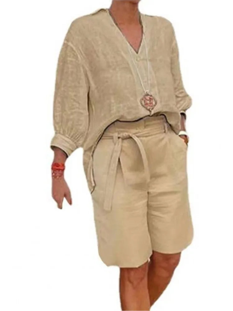 Airy & Stylish Two-Piece Linen Set with Blouse & Shorts for Women – Malea-Khaki-S-Nora Luxe
