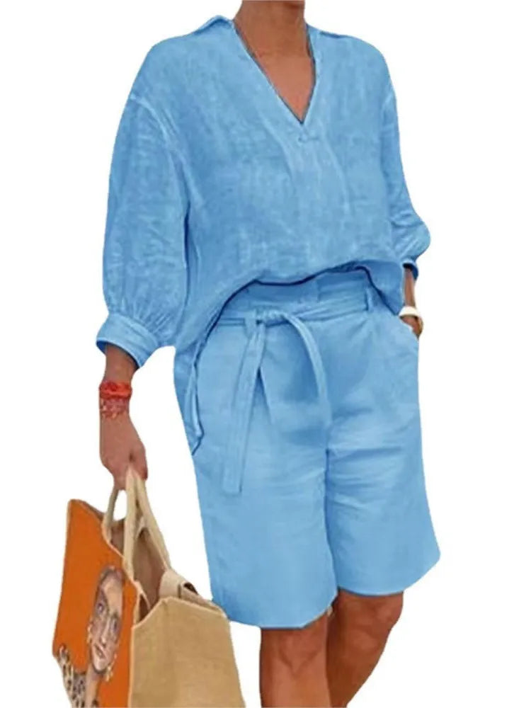 Airy & Stylish Two-Piece Linen Set with Blouse & Shorts for Women – Malea-Pink-S-Nora Luxe