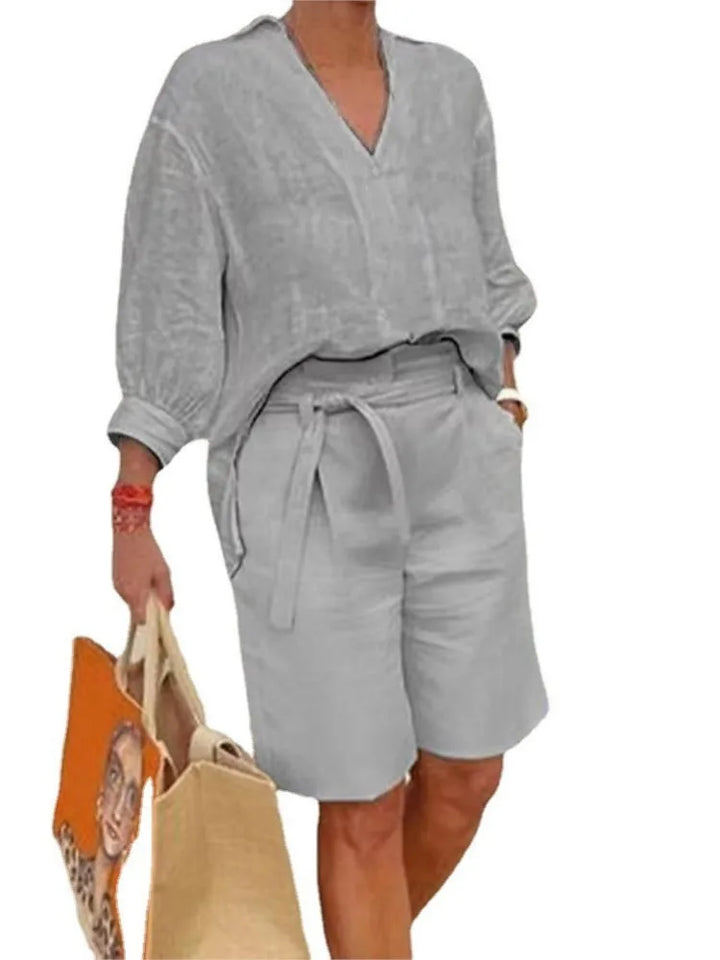 Airy & Stylish Two-Piece Linen Set with Blouse & Shorts for Women – Malea-Pink-S-Nora Luxe