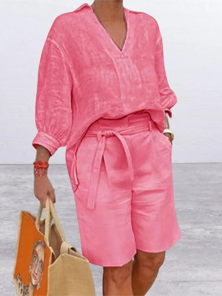 Airy & Stylish Two-Piece Linen Set with Blouse & Shorts for Women – Malea-Pink-S-Nora Luxe