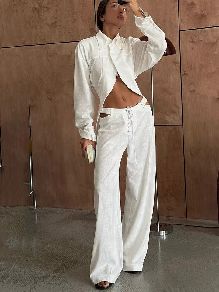 Airy & Stylish Two-Piece Linen Set with Long Sleeve Top and Trousers for Women – Nayela-Black-S-Nora Luxe