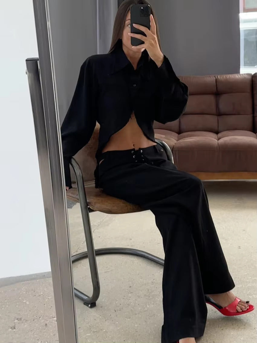 Airy & Stylish Two-Piece Linen Set with Long Sleeve Top and Trousers for Women – Nayela-Black-S-Nora Luxe