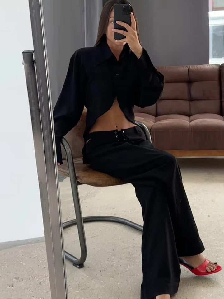 Airy & Stylish Two-Piece Linen Set with Long Sleeve Top and Trousers for Women – Nayela-Black-S-Nora Luxe