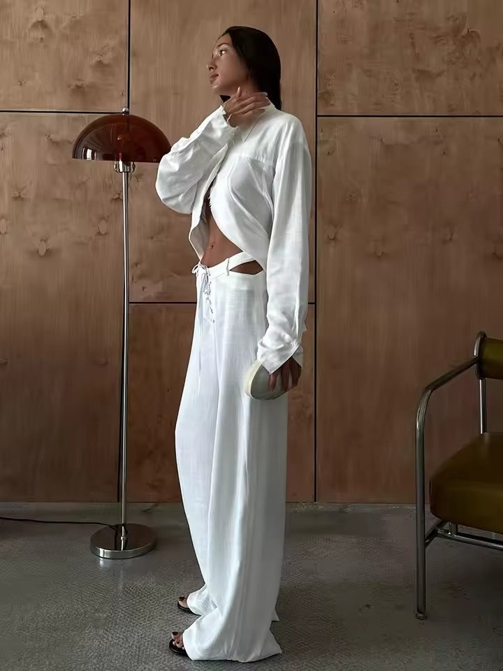 Airy & Stylish Two-Piece Linen Set with Long Sleeve Top and Trousers for Women – Nayela-White-S-Nora Luxe