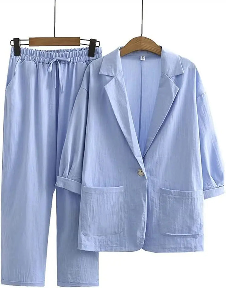 Airy & Stylish Two-Piece with Jacket and Straight Trousers for Women – Sorella-Blue-S-Nora Luxe