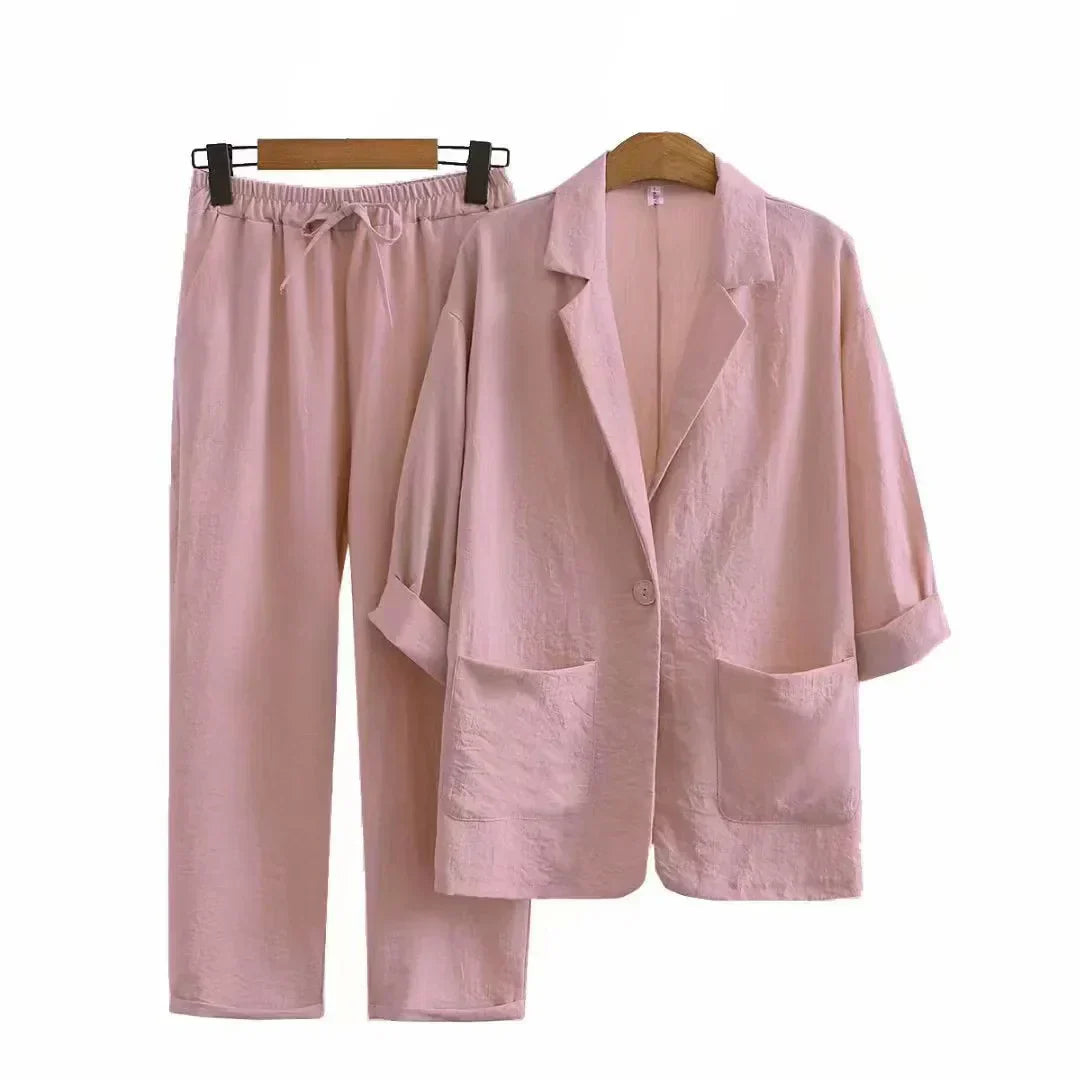 Airy & Stylish Two-Piece with Jacket and Straight Trousers for Women – Sorella-Pink-S-Nora Luxe