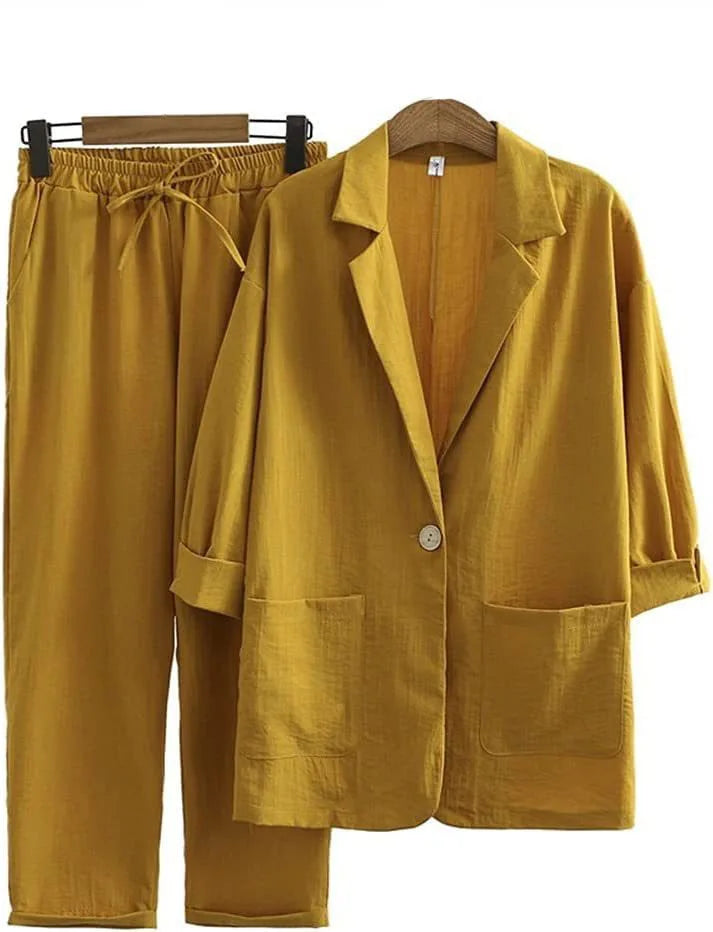 Airy & Stylish Two-Piece with Jacket and Straight Trousers for Women – Sorella-Yellow-S-Nora Luxe