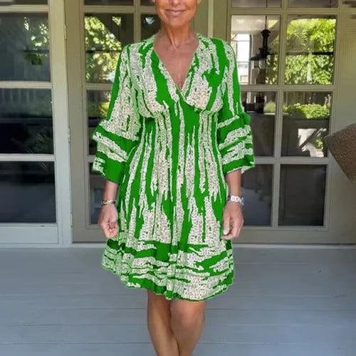Airy & Stylish Women's Dress with V-Neck and 3/4 Sleeves – Elina-Green-S-Nora Luxe