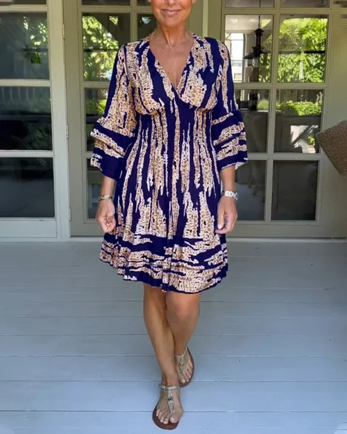 Airy & Stylish Women's Dress with V-Neck and 3/4 Sleeves – Elina-Navy blue-S-Nora Luxe