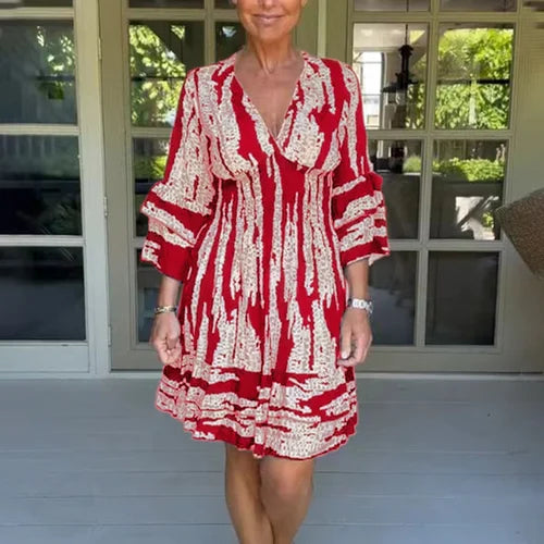 Airy & Stylish Women's Dress with V-Neck and 3/4 Sleeves – Elina-Red-S-Nora Luxe