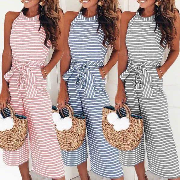 Airy & Stylish Women's Jumpsuit with Waist Belt and Stripes – Nayla-Blue-S-Nora Luxe