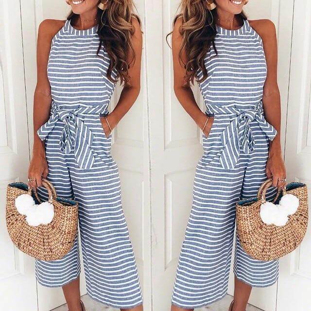 Airy & Stylish Women's Jumpsuit with Waist Belt and Stripes – Nayla-Blue-S-Nora Luxe