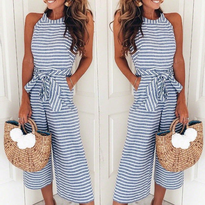 Airy & Stylish Women's Jumpsuit with Waist Belt and Stripes – Nayla-Blue-S-Nora Luxe