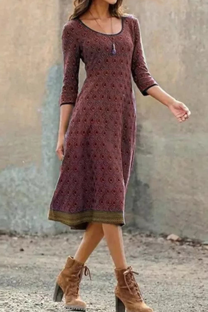 Airy & Stylish Women's Midi Dress with Print and Half Sleeves - Livia-Brown-S-Nora Luxe