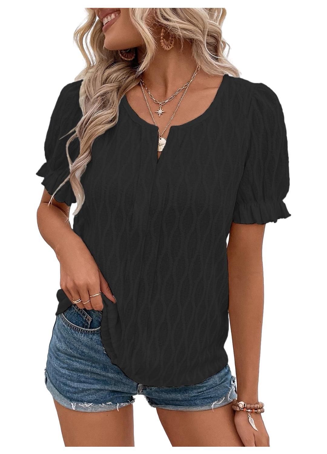 Airy & Stylish Women's Puff Sleeve Blouse with Lace Accent – Noemi-Black-S-Nora Luxe