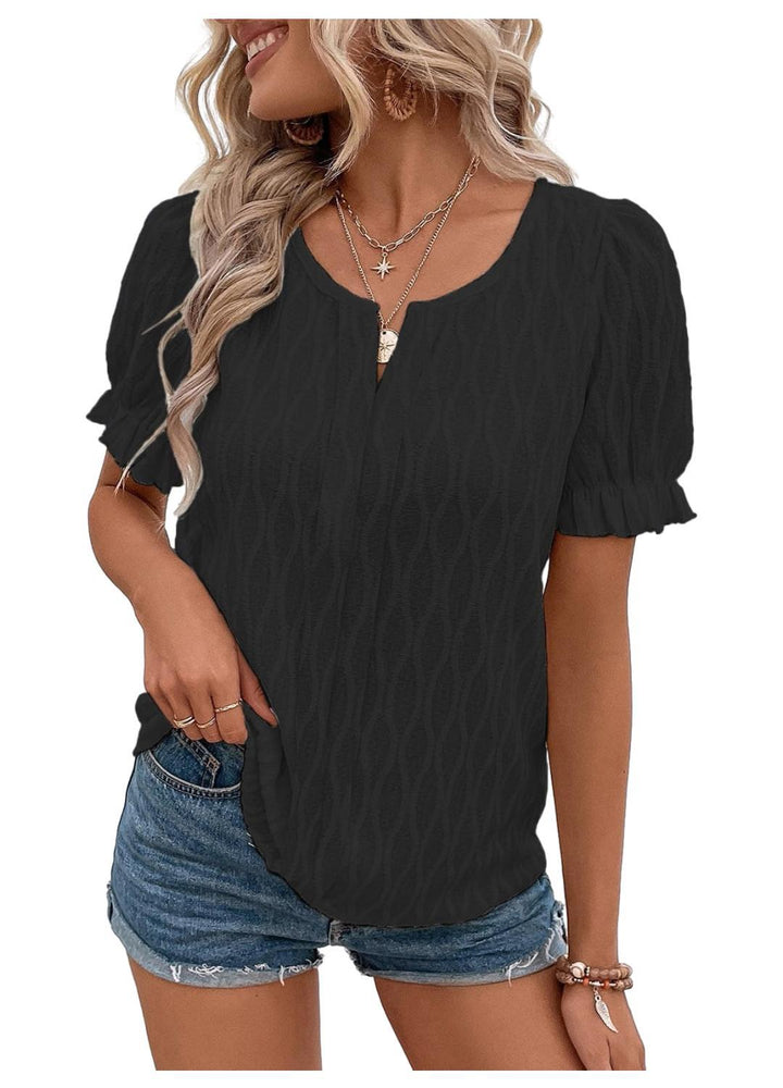 Airy & Stylish Women's Puff Sleeve Blouse with Lace Accent – Noemi-Black-S-Nora Luxe