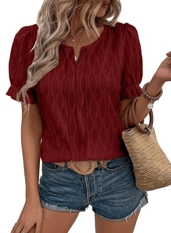 Airy & Stylish Women's Puff Sleeve Blouse with Lace Accent – Noemi-Burgundian-S-Nora Luxe