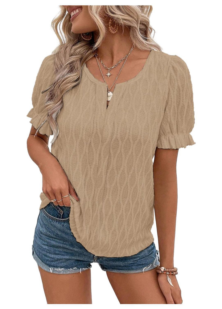 Airy & Stylish Women's Puff Sleeve Blouse with Lace Accent – Noemi-Khaki-S-Nora Luxe