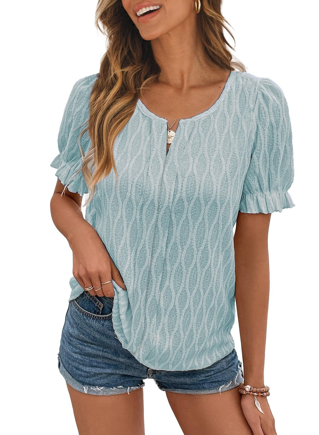Airy & Stylish Women's Puff Sleeve Blouse with Lace Accent – Noemi-Light blue-S-Nora Luxe