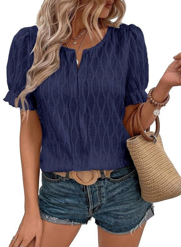 Airy & Stylish Women's Puff Sleeve Blouse with Lace Accent – Noemi-Navy blue-S-Nora Luxe