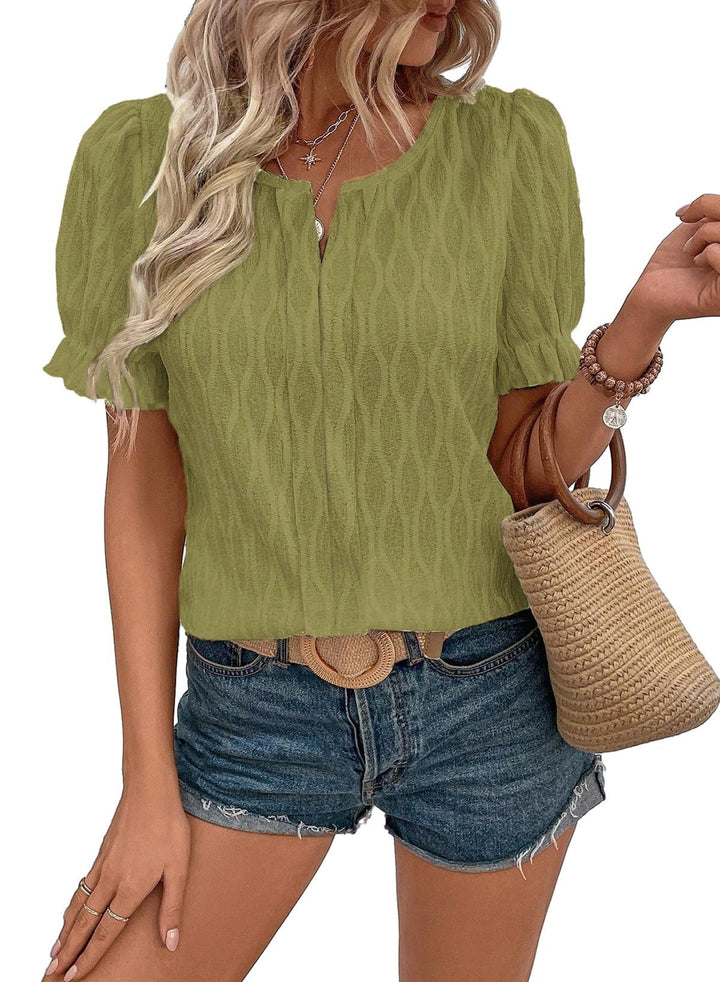 Airy & Stylish Women's Puff Sleeve Blouse with Lace Accent – Noemi-Olive green-S-Nora Luxe