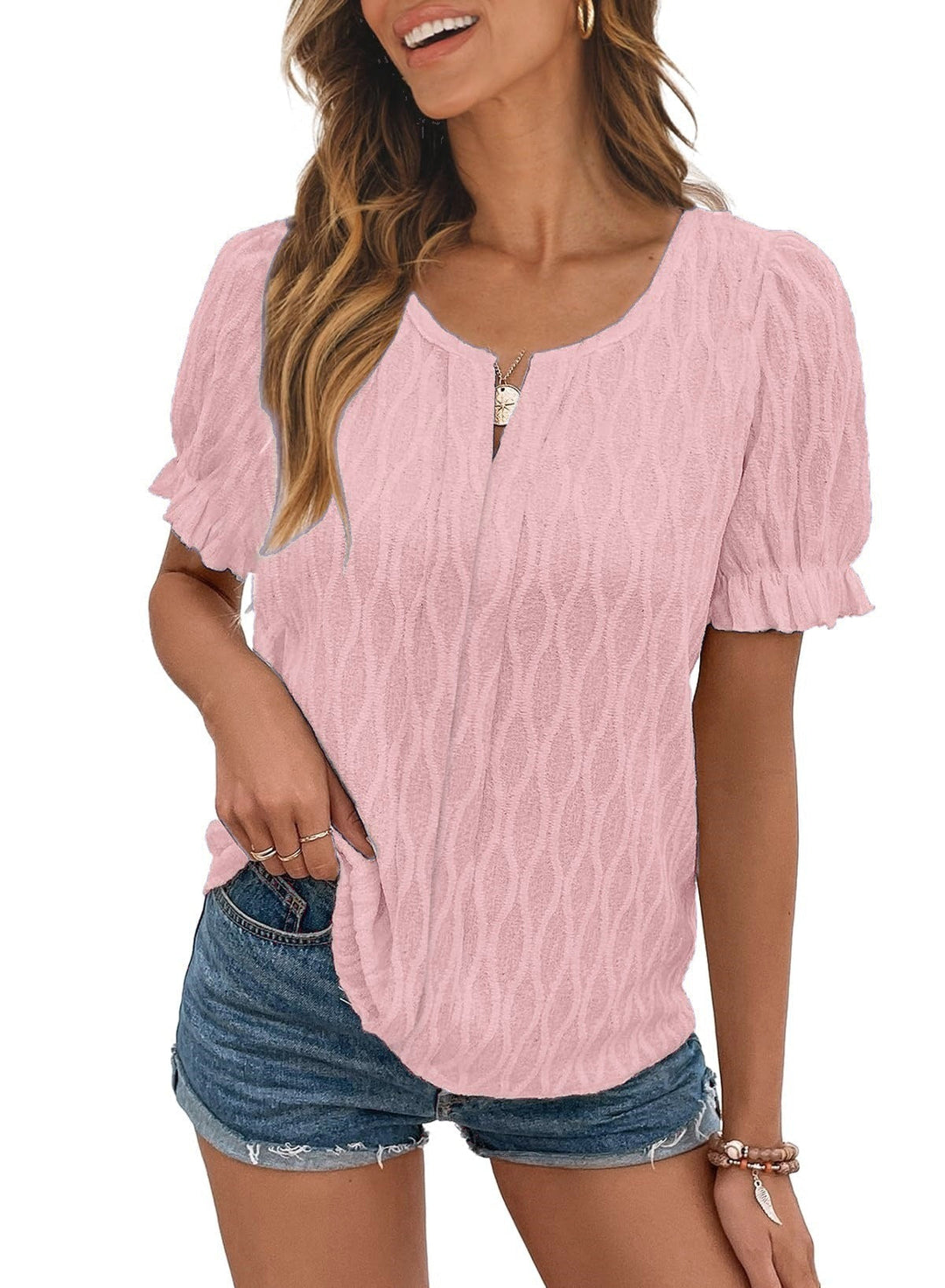 Airy & Stylish Women's Puff Sleeve Blouse with Lace Accent – Noemi-Pink-S-Nora Luxe