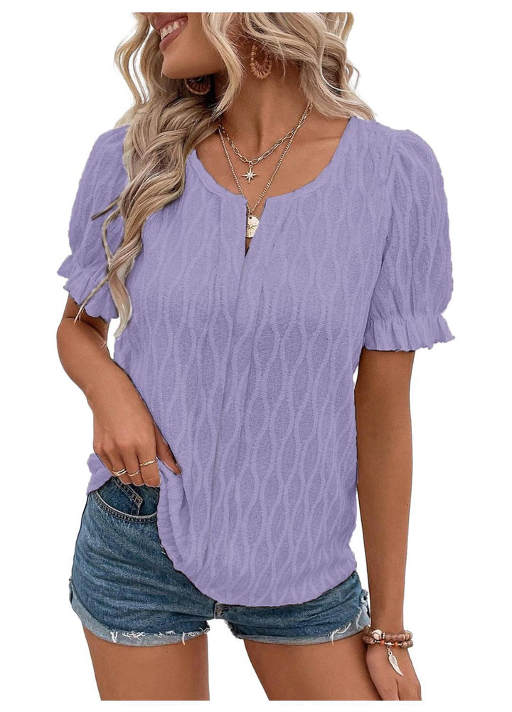 Airy & Stylish Women's Puff Sleeve Blouse with Lace Accent – Noemi-Purple-S-Nora Luxe