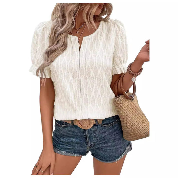 Airy & Stylish Women's Puff Sleeve Blouse with Lace Accent – Noemi-Sky blue-S-Nora Luxe