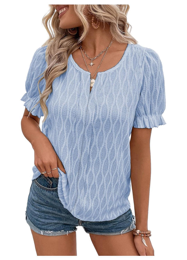 Airy & Stylish Women's Puff Sleeve Blouse with Lace Accent – Noemi-Sky blue-S-Nora Luxe