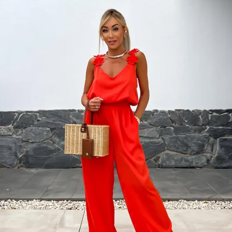 Airy summer jumpsuit with wide legs – Jasmin-Red-M-Nora Luxe
