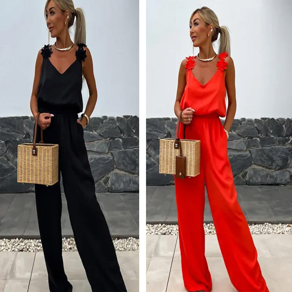 Airy summer jumpsuit with wide legs – Jasmin-Red-S-Nora Luxe