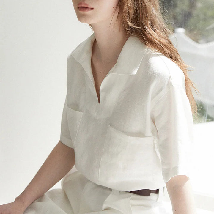 Airy & Timeless Short Sleeve Linen Blouse for Women V-Neck – Milena-S-Nora Luxe