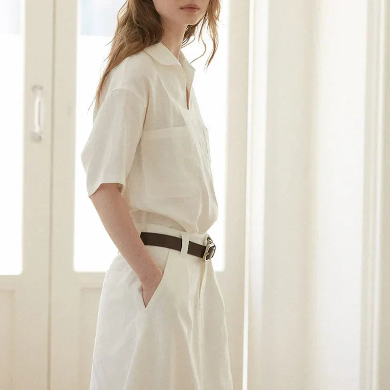Airy & Timeless Short Sleeve Linen Blouse for Women V-Neck – Milena-S-Nora Luxe