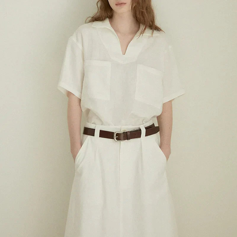 Airy & Timeless Short Sleeve Linen Blouse for Women V-Neck – Milena-S-Nora Luxe