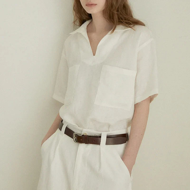 Airy & Timeless Short Sleeve Linen Blouse for Women V-Neck – Milena-S-Nora Luxe