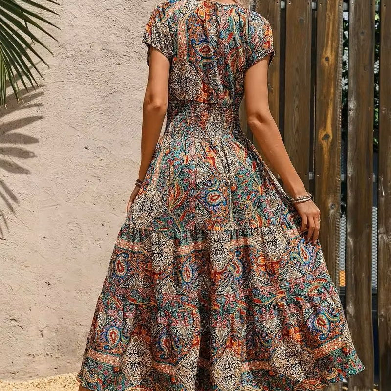 Airy women's maxi dress with ethnic print & V-neck – Nayeli-Blue-S-Nora Luxe