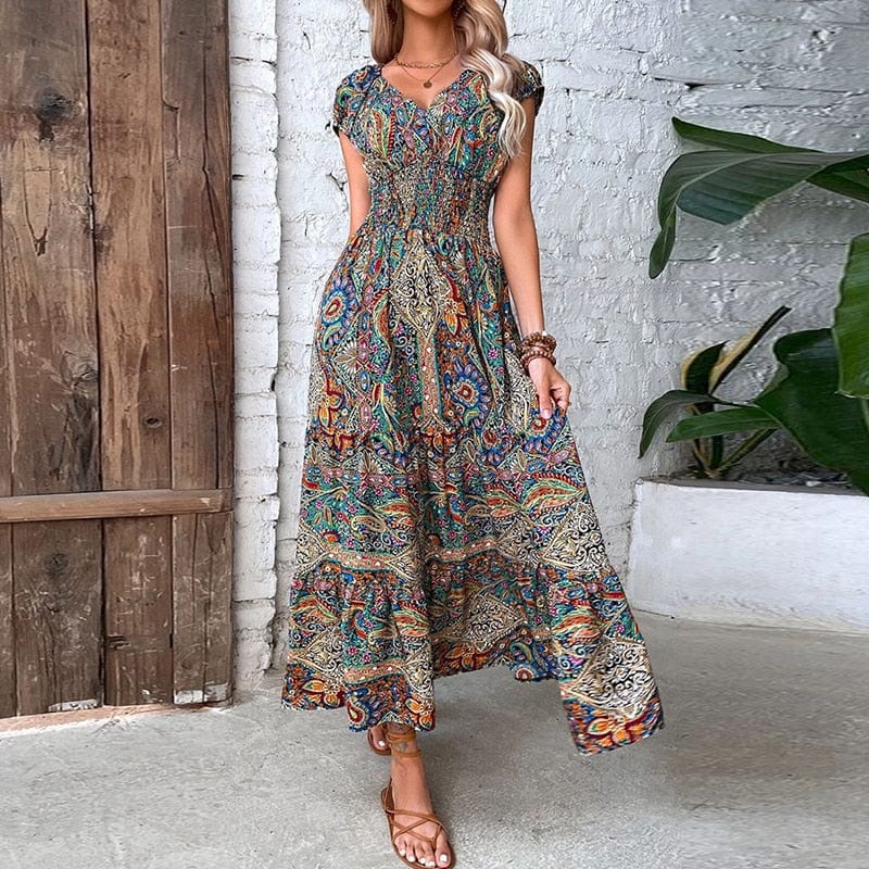 Airy women's maxi dress with ethnic print & V-neck – Nayeli-Blue-S-Nora Luxe