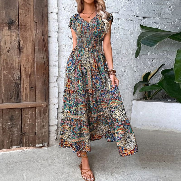 Airy women's maxi dress with ethnic print & V-neck – Nayeli-Blue-S-Nora Luxe
