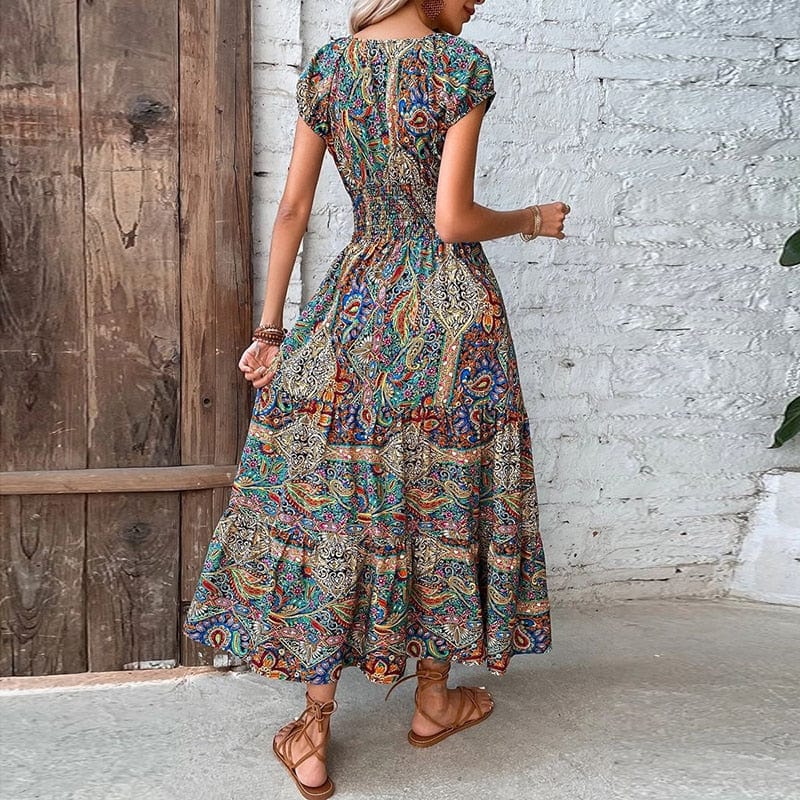 Airy women's maxi dress with ethnic print & V-neck – Nayeli-Blue-S-Nora Luxe