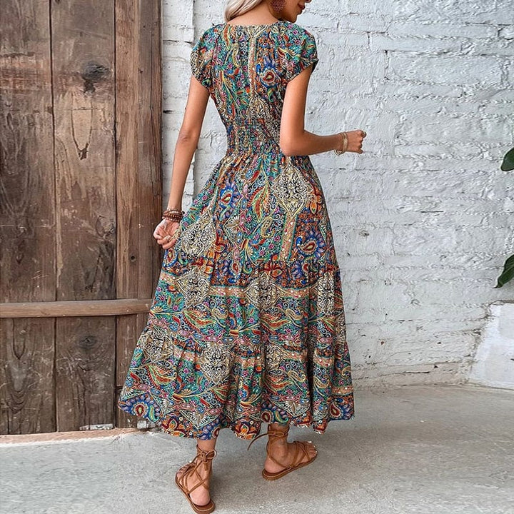 Airy women's maxi dress with ethnic print & V-neck – Nayeli-Blue-S-Nora Luxe