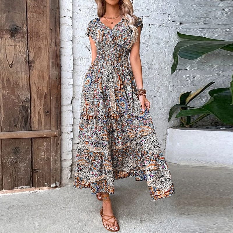 Airy women's maxi dress with ethnic print & V-neck – Nayeli-Brown-S-Nora Luxe