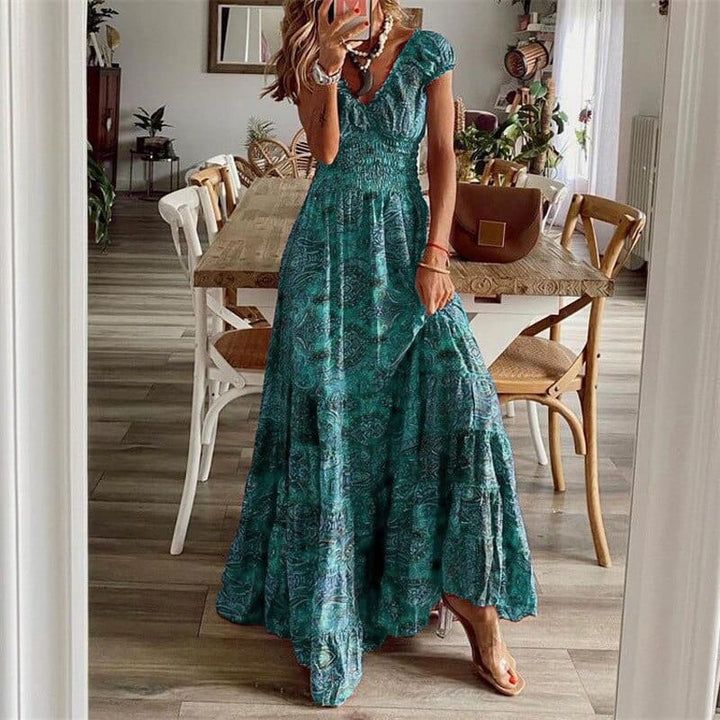Airy women's maxi dress with ethnic print & V-neck – Nayeli-Cyan-S-Nora Luxe