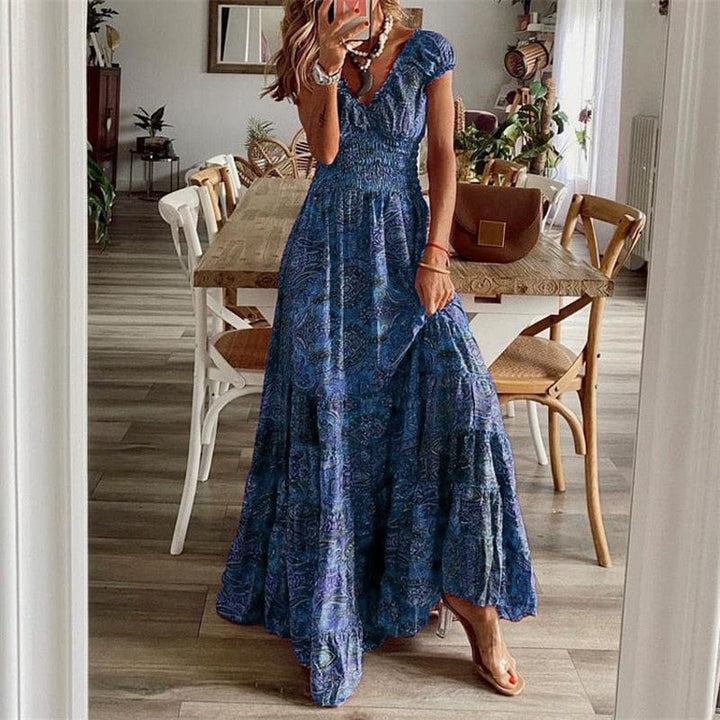 Airy women's maxi dress with ethnic print & V-neck – Nayeli-Dark blue-S-Nora Luxe